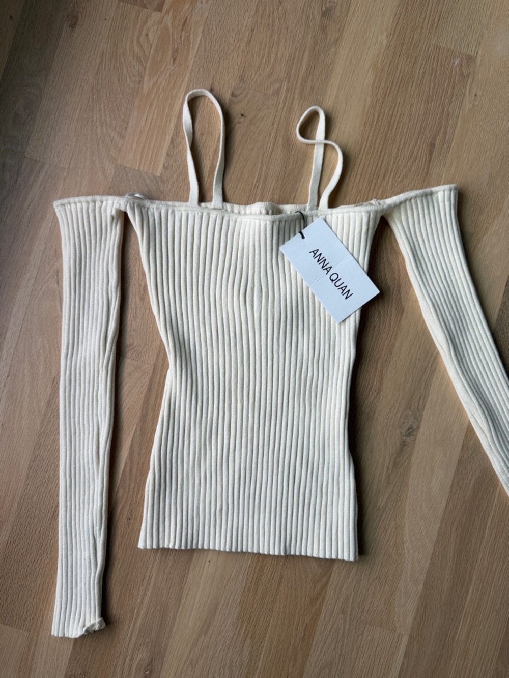 Anna Quan Cream Ribbed Off-Shoulder Sweater Top with Straps AU14